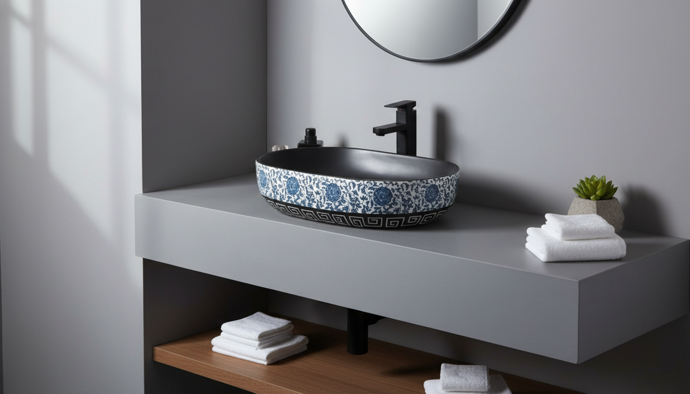 Blue Floral Ceramic Vessel Sink: Elegant Vanity Upgrade