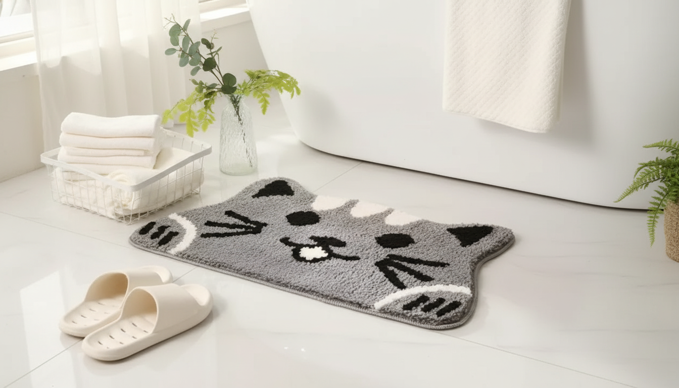 Fluffy Cartoon Cat Bath Mat: Non-Slip, Absorbent