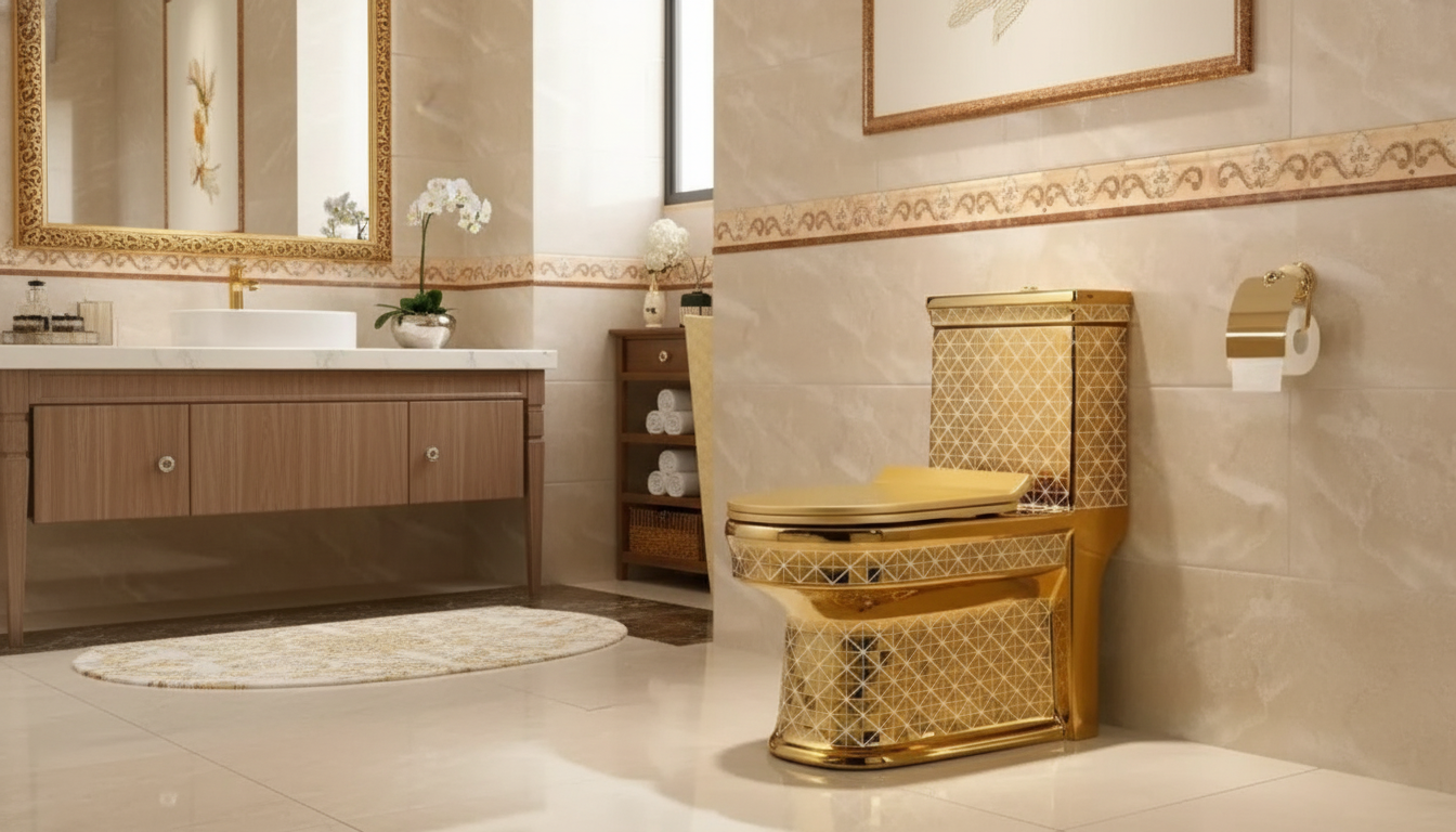 Gold One-Piece Ceramic Toilet: Artistic Dual-Flush Luxury