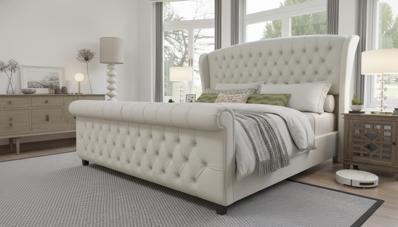 King Chenille Sleigh Bed Frame with Wingback Headboard